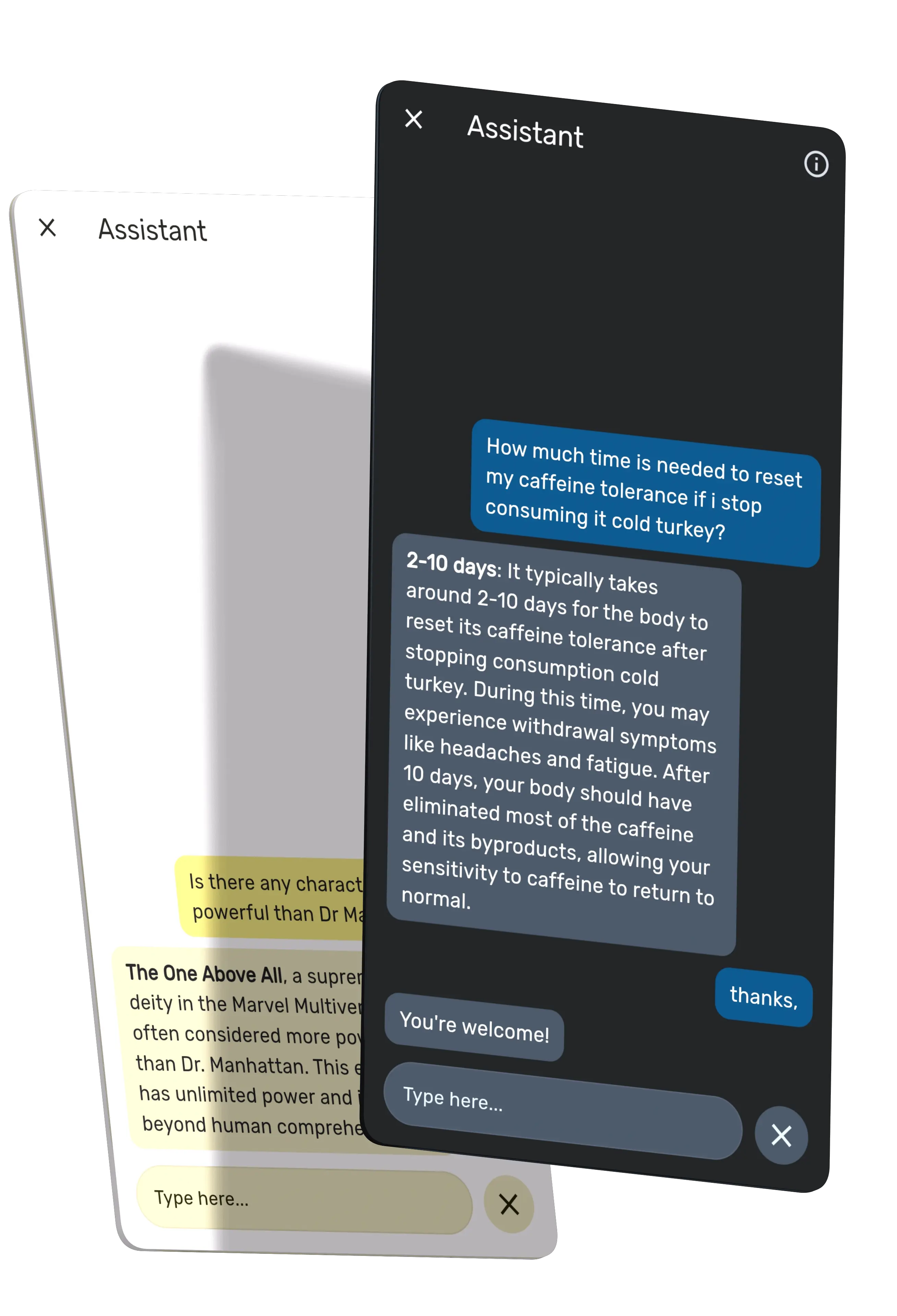 Moye's built-in AI assistant in light and dark themes