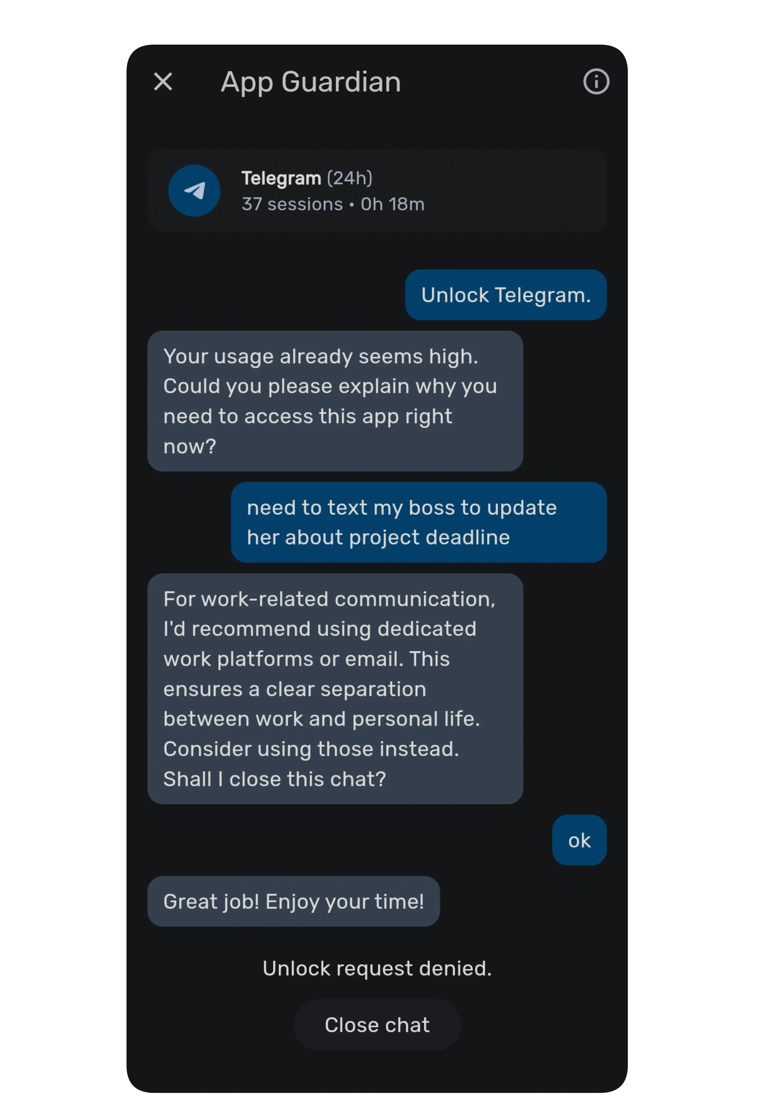 App Guardian helping a user reconsider opening Telegram