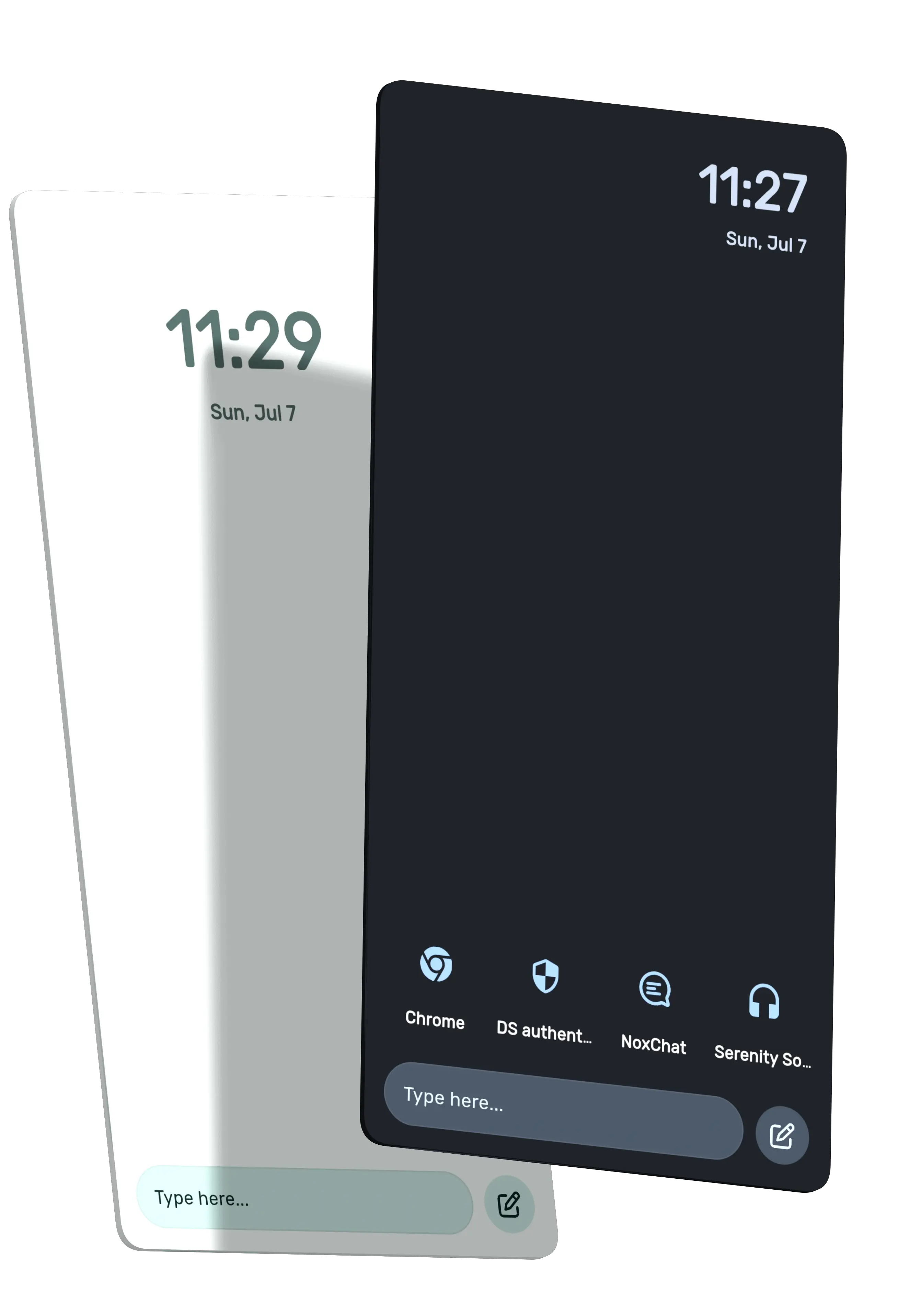 Moye Launcher's minimal home screen in light and dark themes